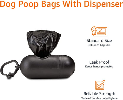 Dog Poop Leak Proof Bags with Dispenser and Leash Clip, Unscented, 300 Count, 20 Pack of 15, Black, 13 X 9 Inch