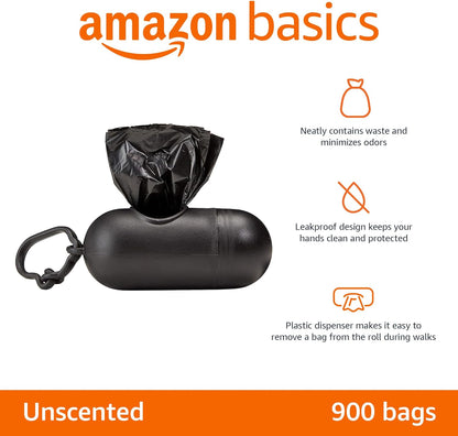 Dog Poop Leak Proof Bags with Dispenser and Leash Clip, Unscented, 300 Count, 20 Pack of 15, Black, 13 X 9 Inch